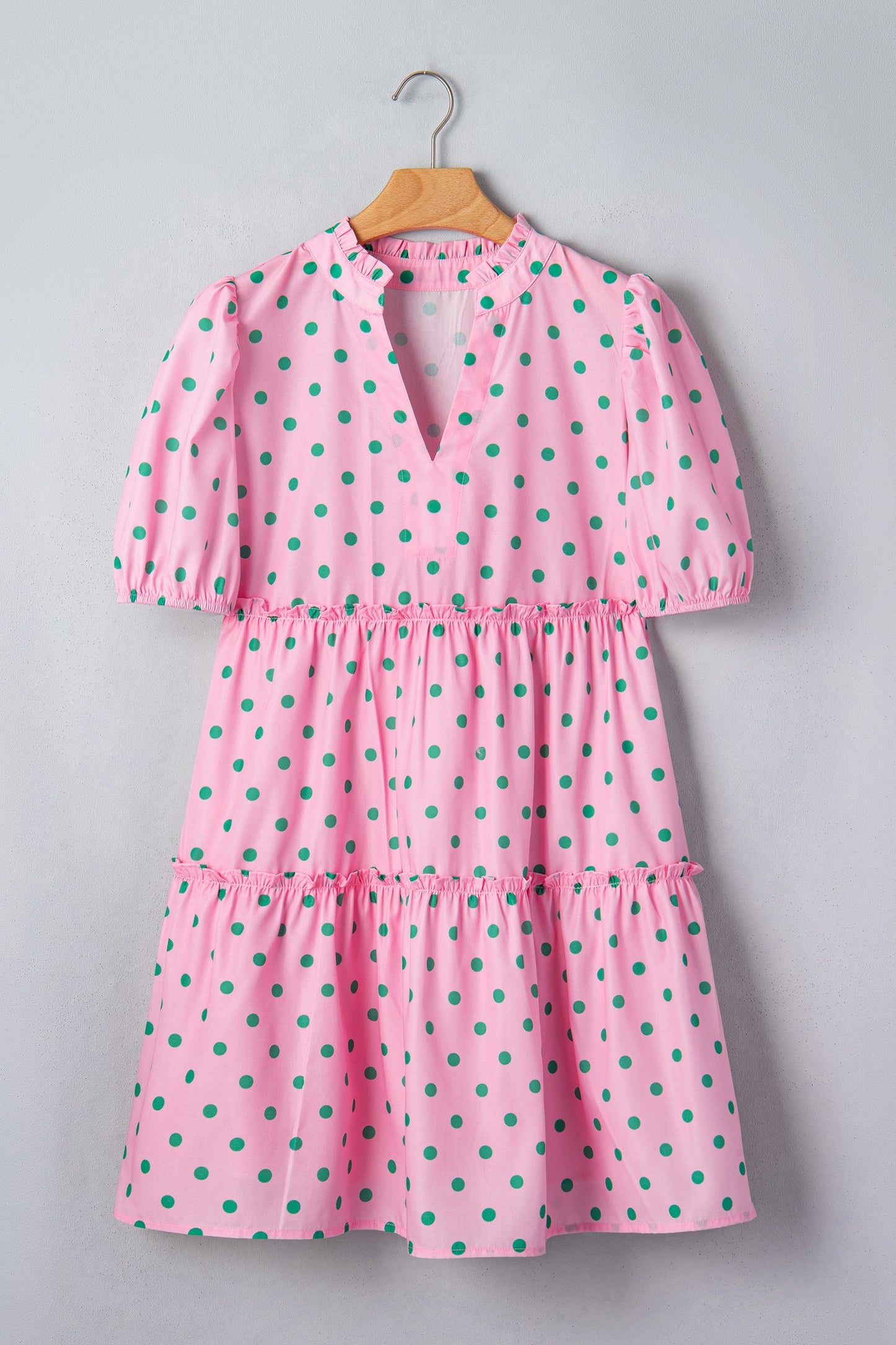 Polka Dot V-Neck Short Sleeve Tiered Mini Dress