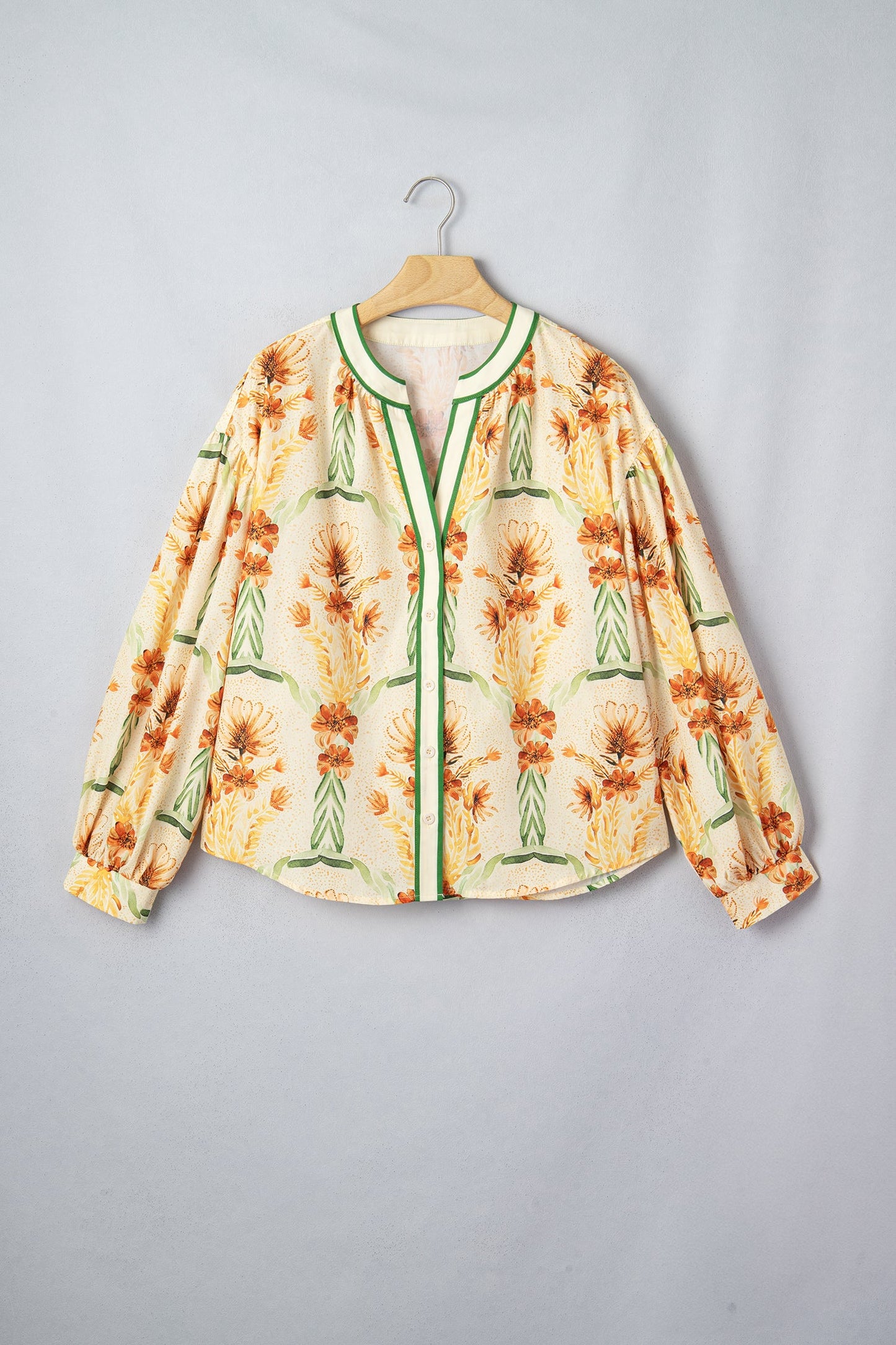 Floral Stripe Contrast V-Neck Puff Long Sleeve Blouse
