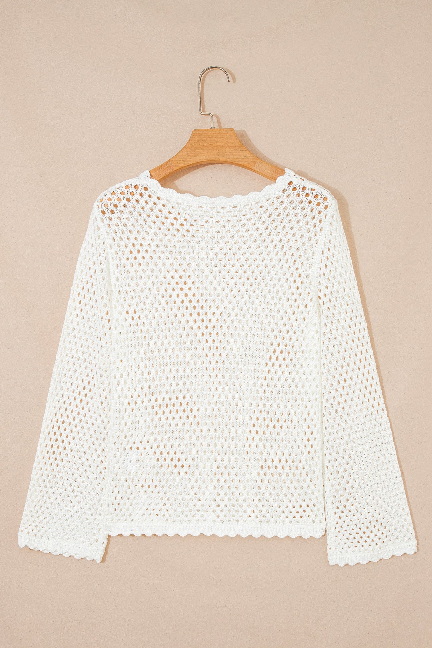 Scalloped Trim Hollow Out Knit Long Sleeve Top