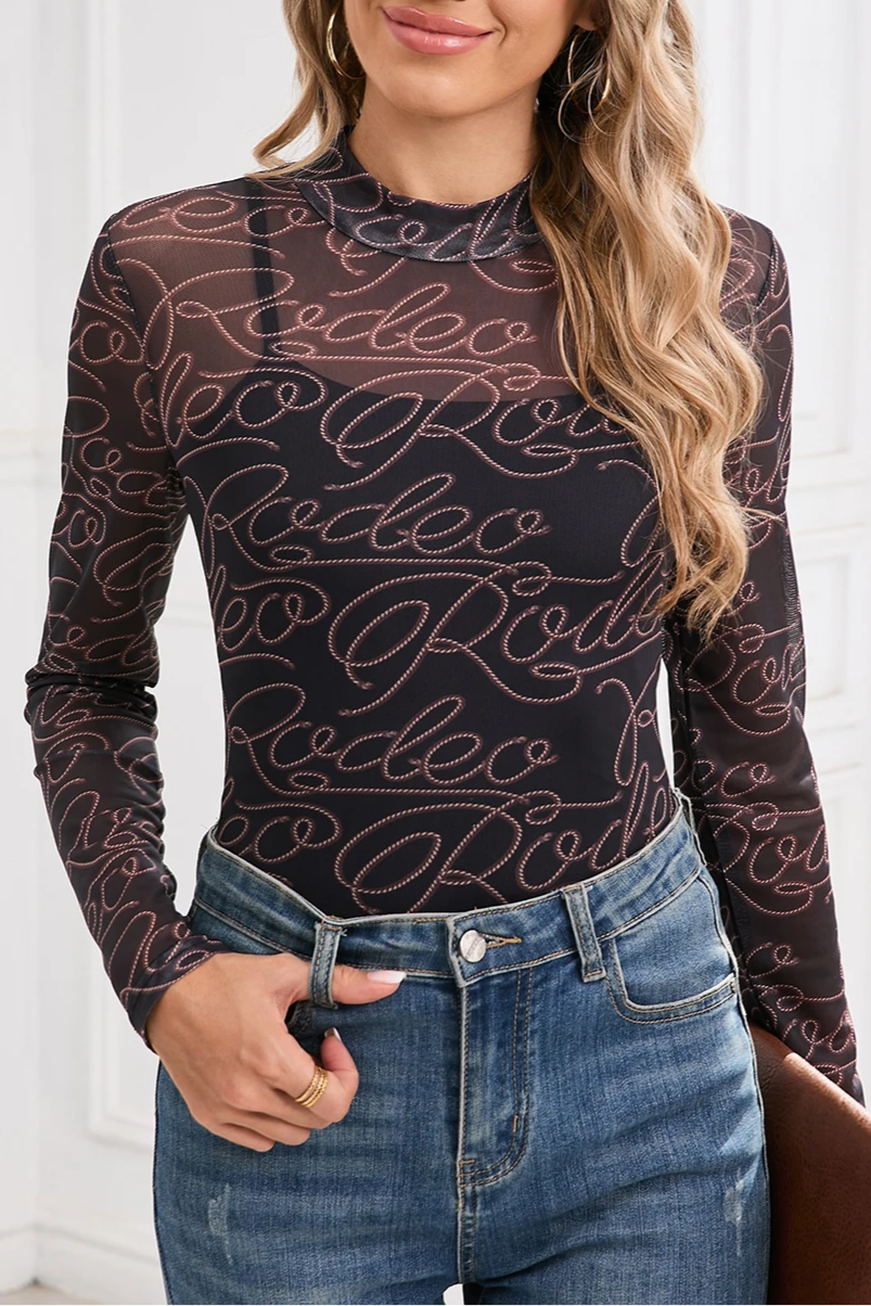 Western Rodeo Mesh Mock Neck Top