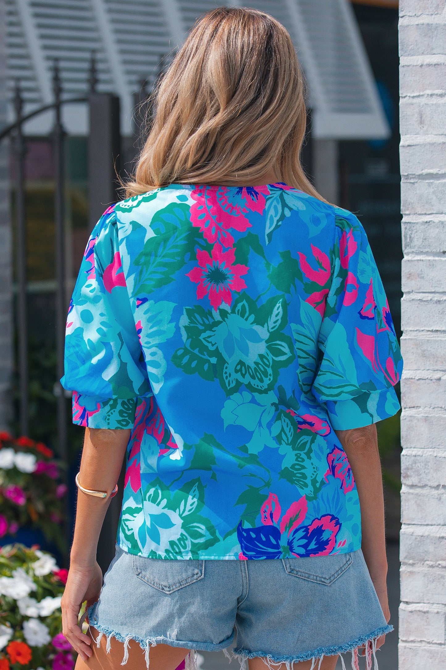 Floral V-Neck Puff Sleeve Blouse