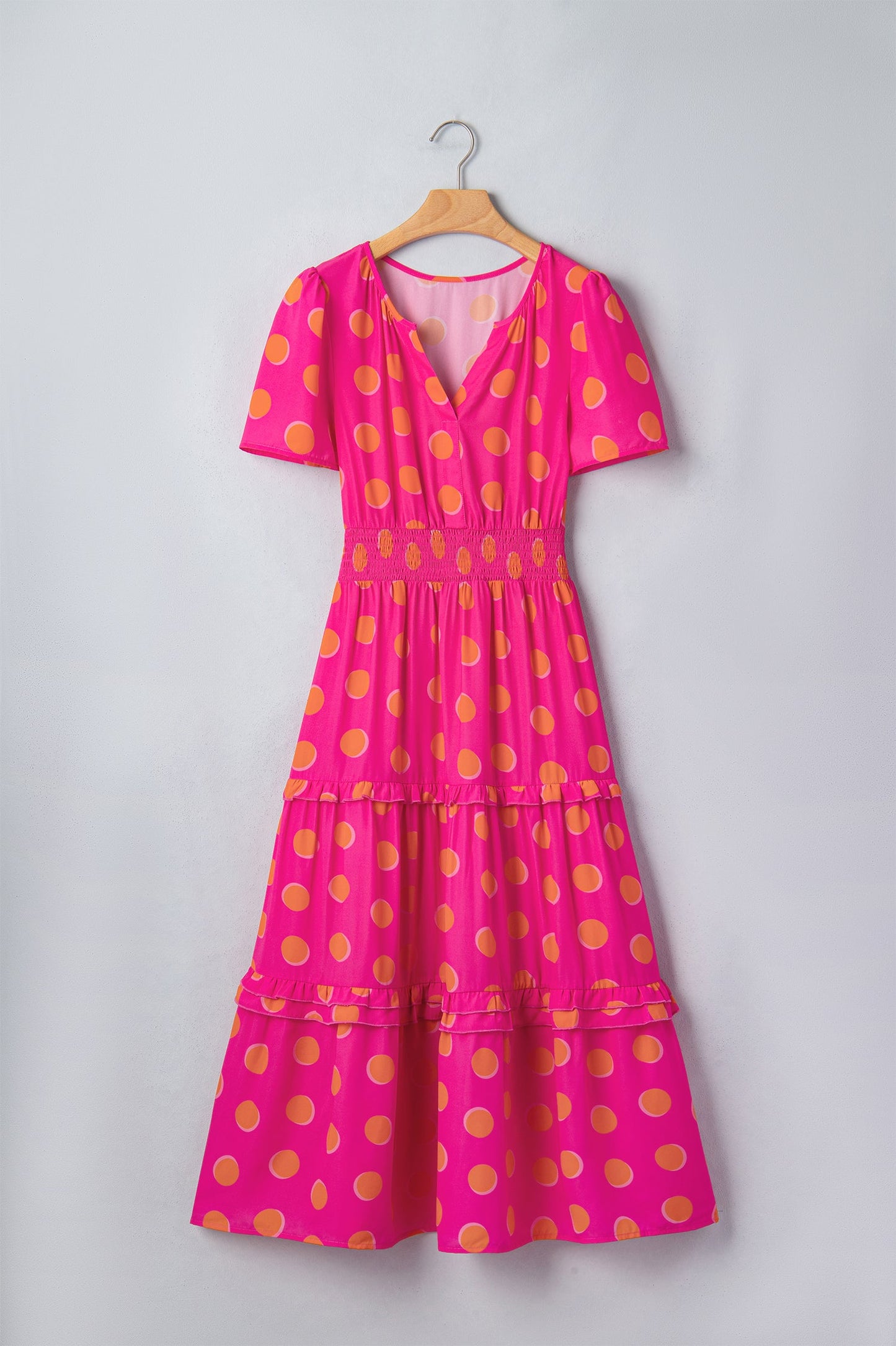 Polka Dot Short Sleeve Shirred Waist Midi Dress
