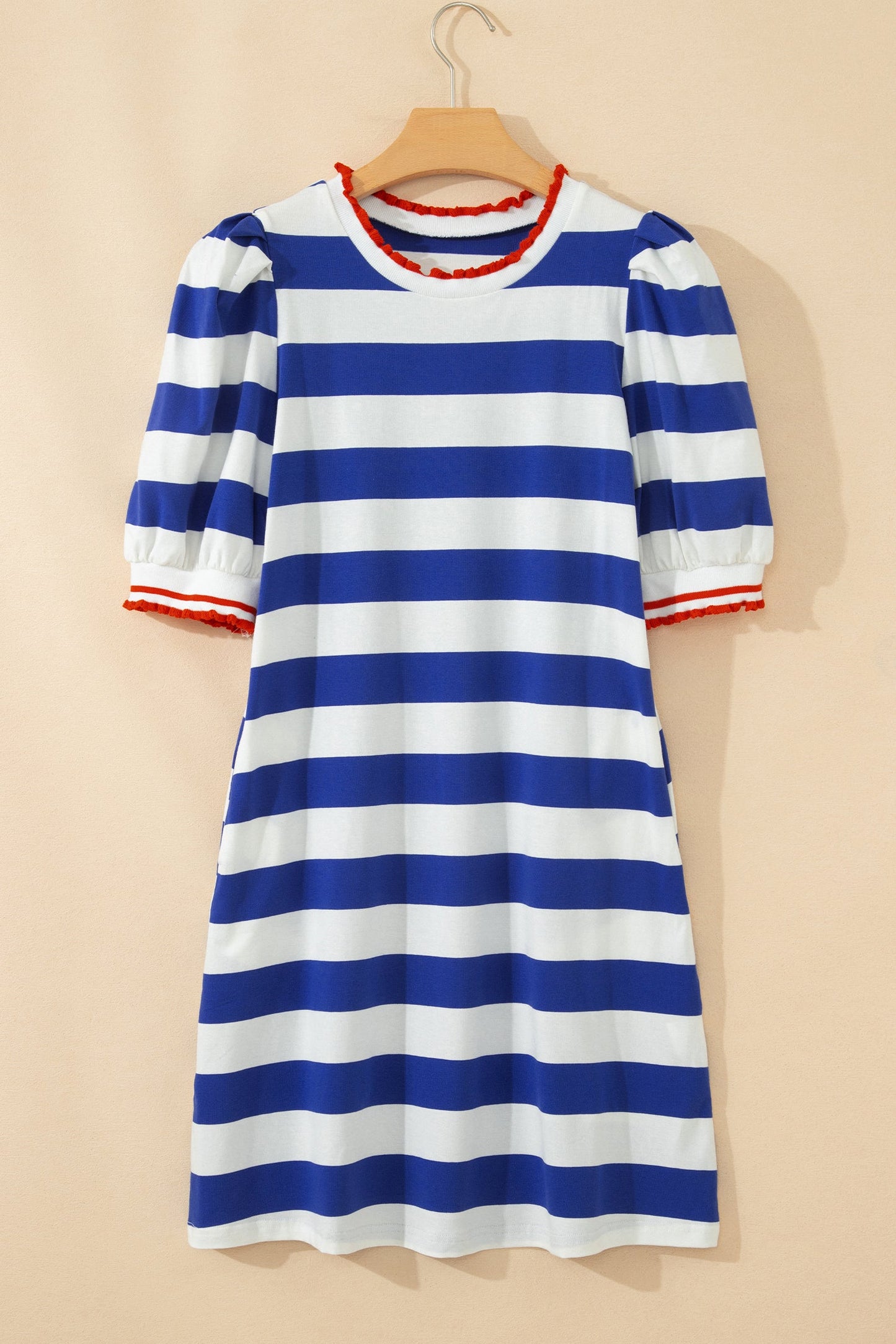 Stripe Contrast Trim Puff Sleeve Mini Dress