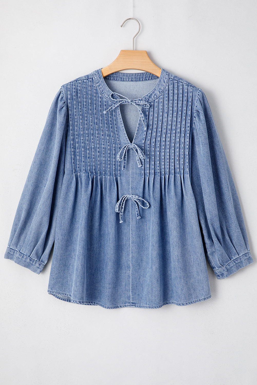 Denim Pleated Bow Tie Top