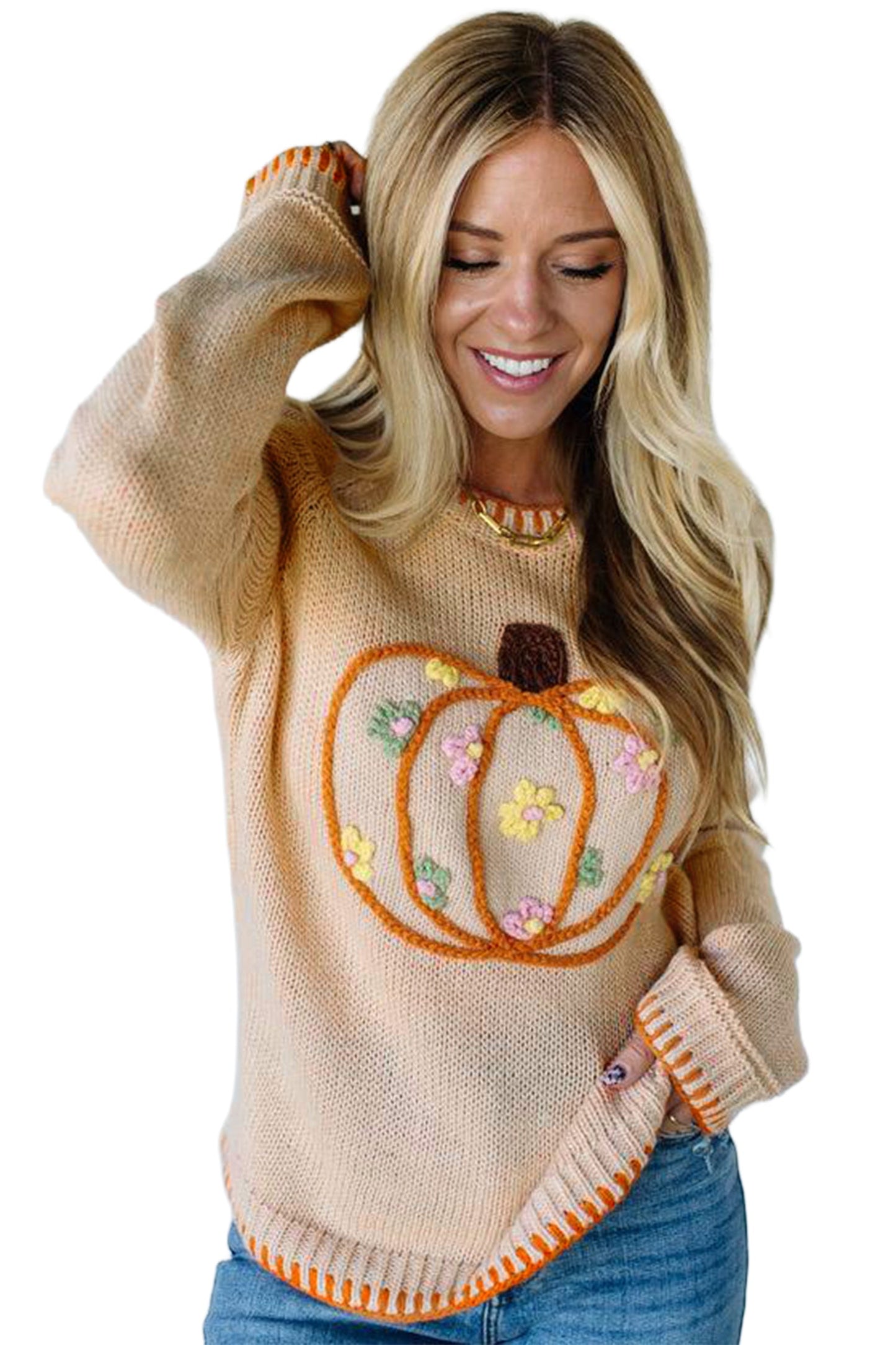 Pumpkin Floral Embroidered Round Neck Sweater