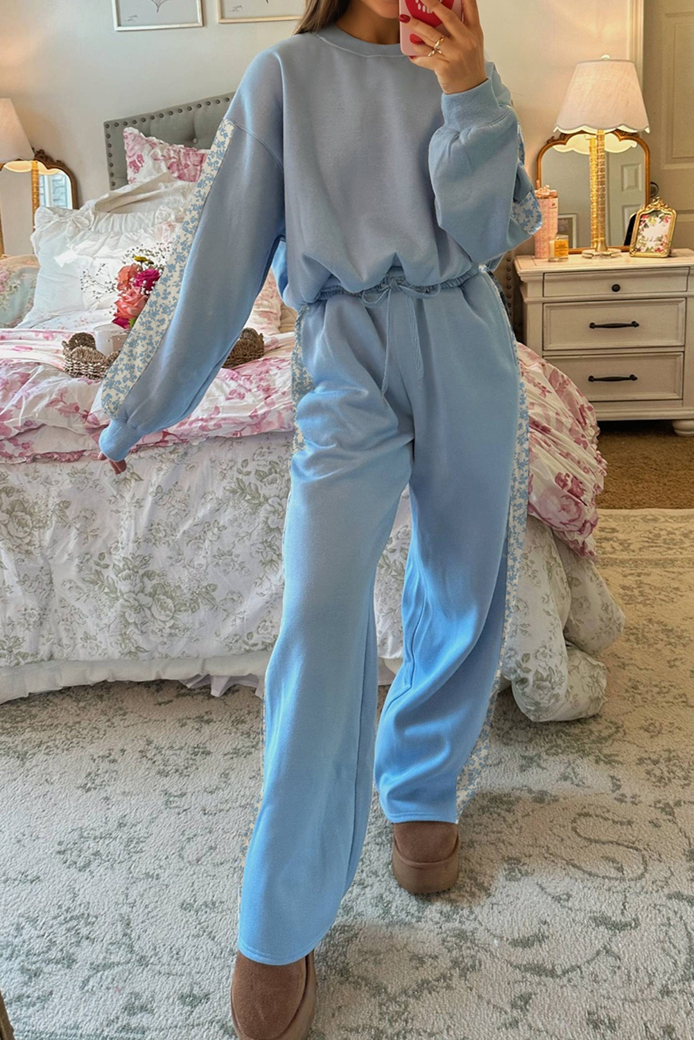 Floral Patchwork Pullover and Sweatpants Lounge Set