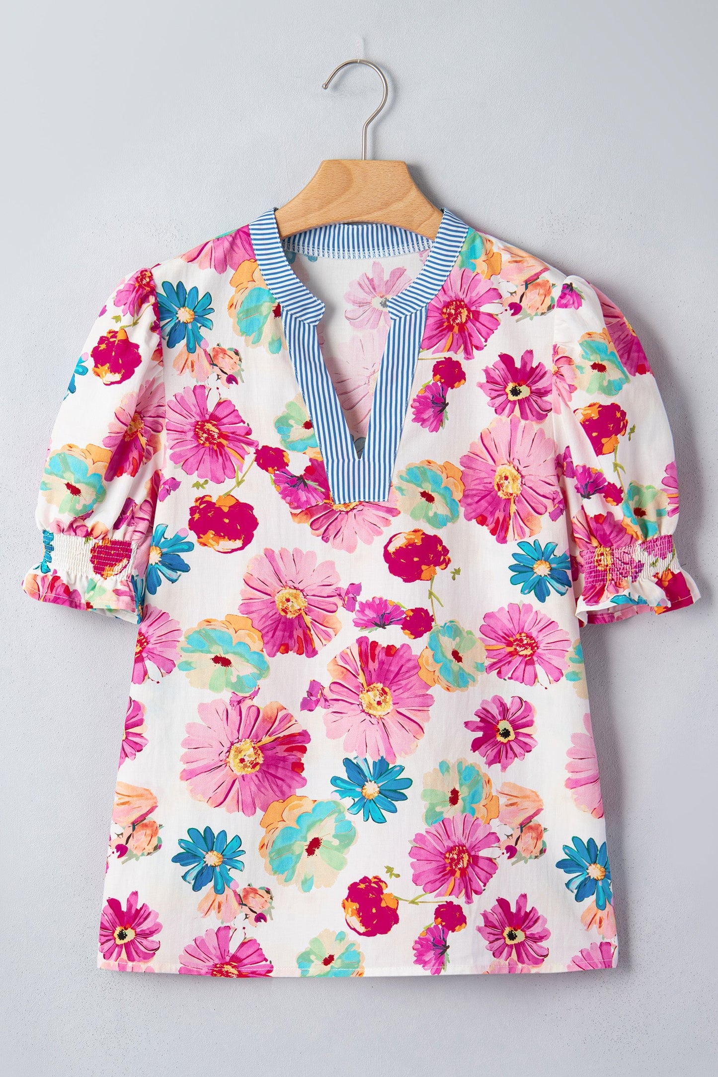 Floral Stripe Trim V-Neck Puff Sleeve Blouse