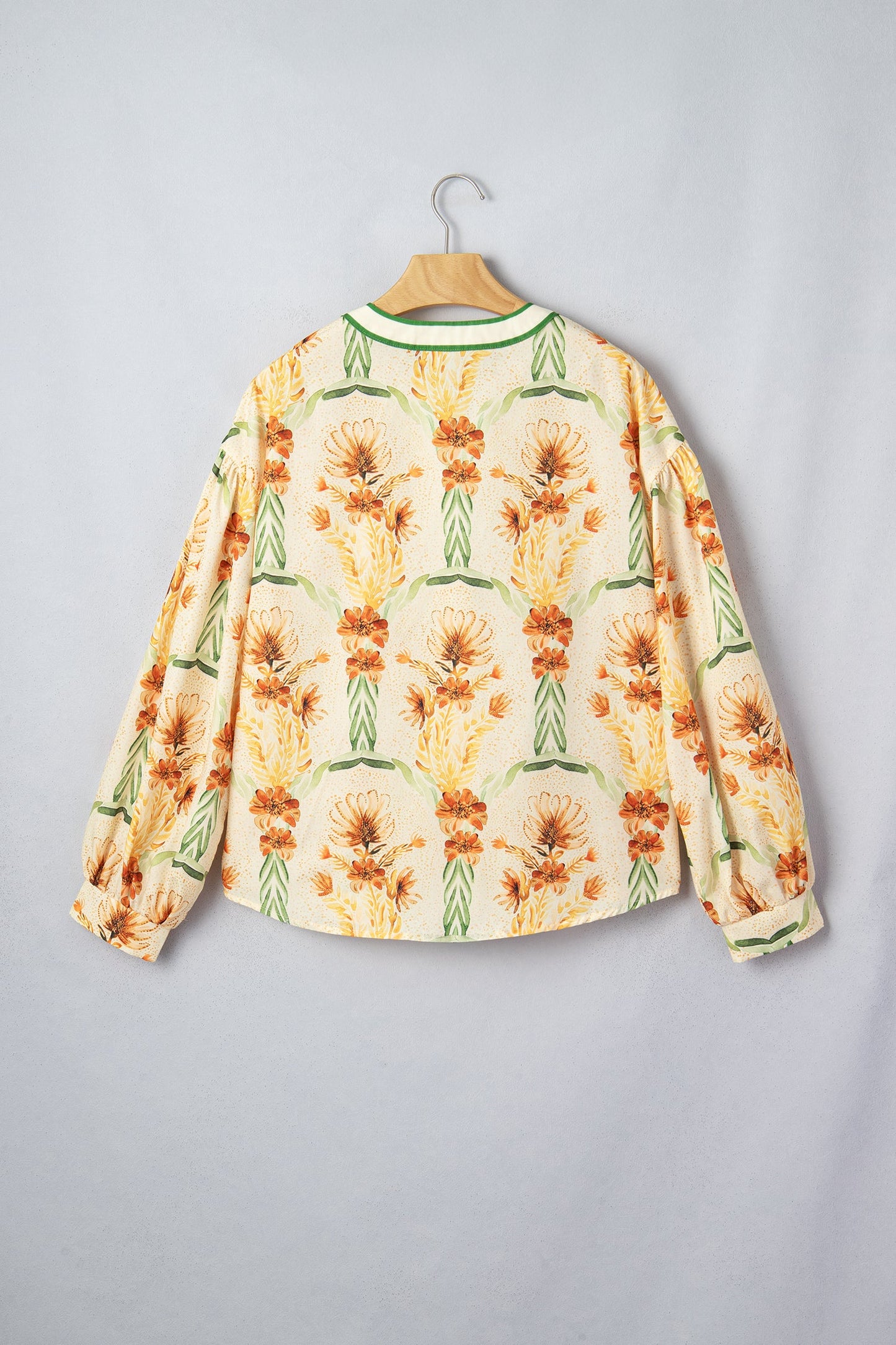 Floral Stripe Contrast V-Neck Puff Long Sleeve Blouse