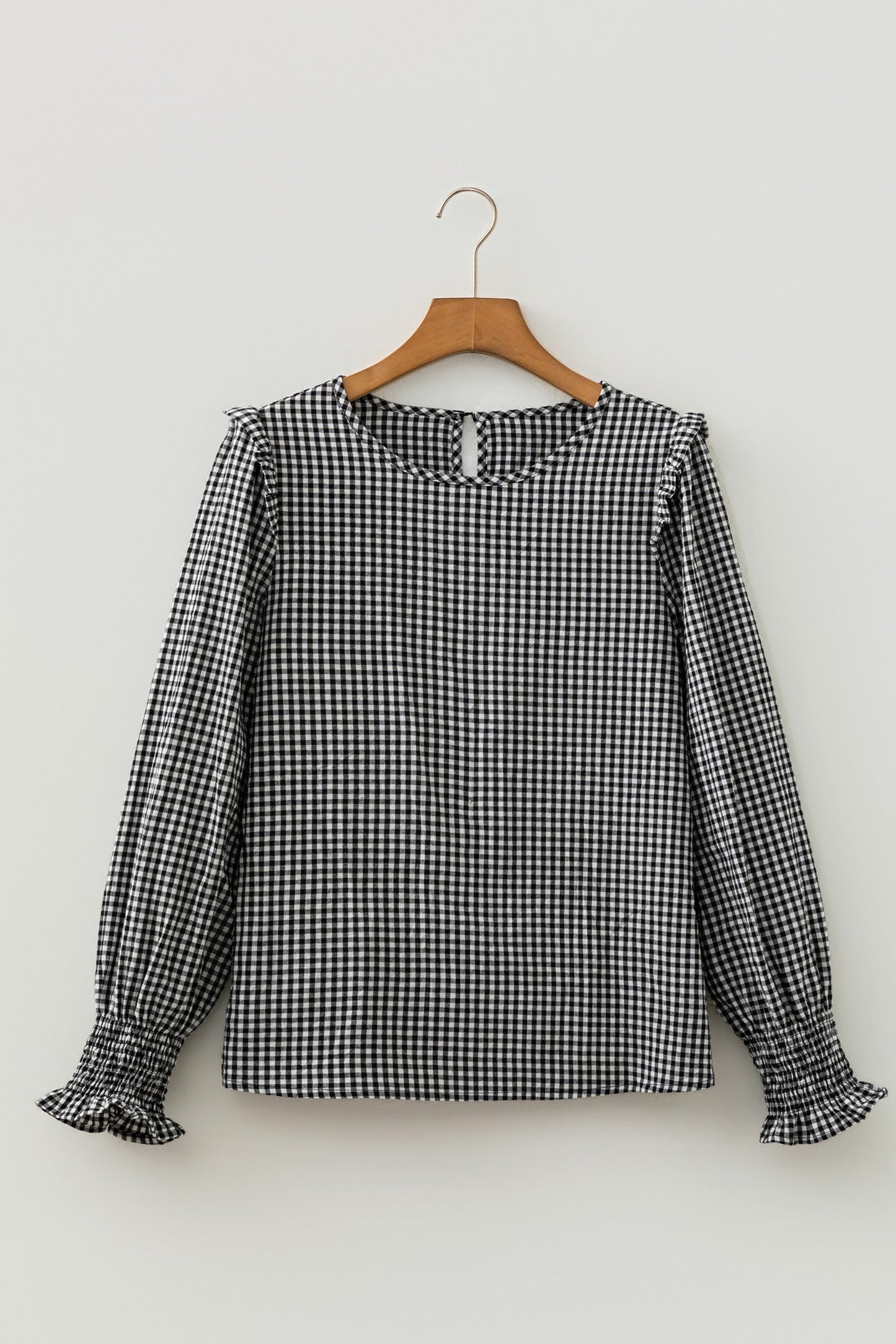 Gingham Shirred Cuff Long Sleeve Round Neck Blouse