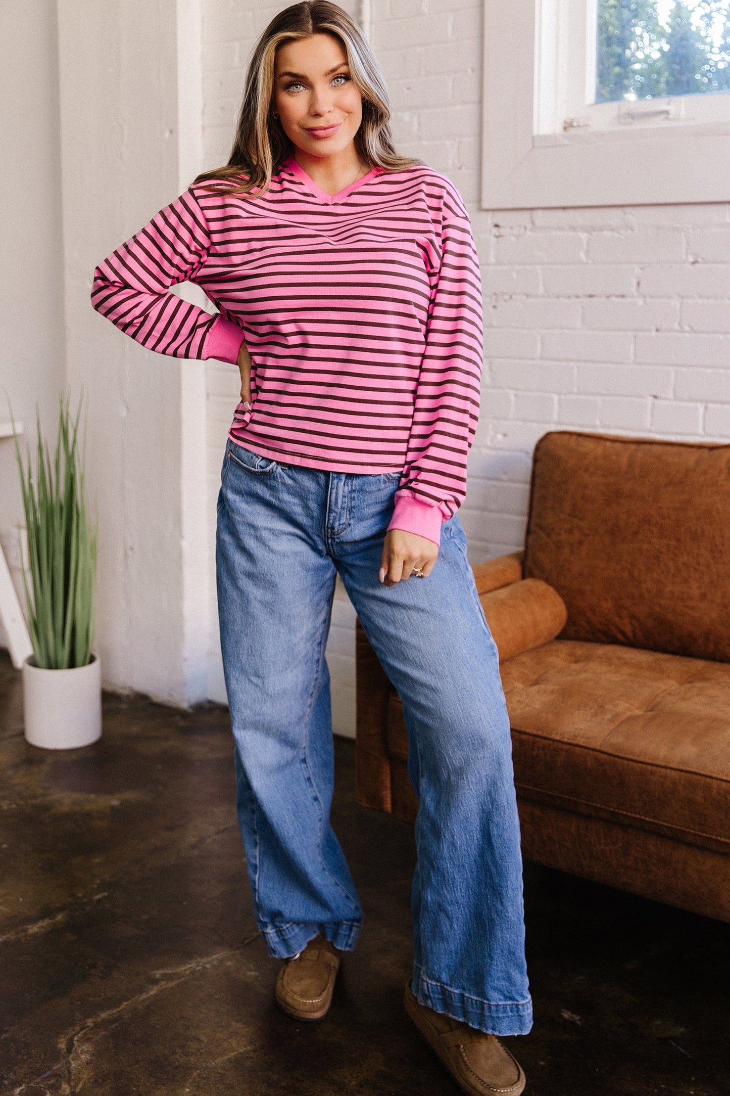 Stripe V-Neck Drop Shoulder Long Sleeve Top