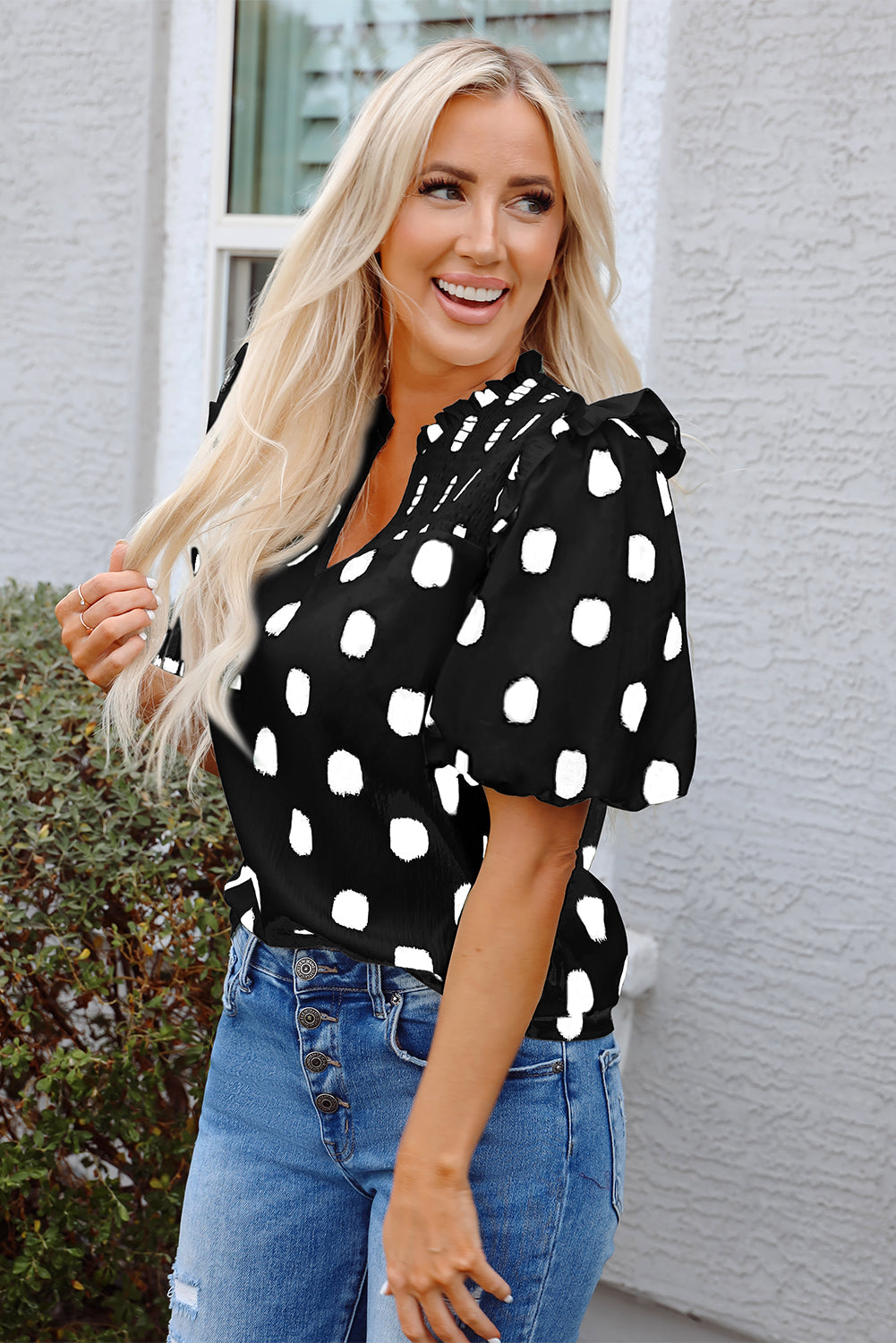 Notched Neck Shirred Yoke Balloon Sleeve Blouse
