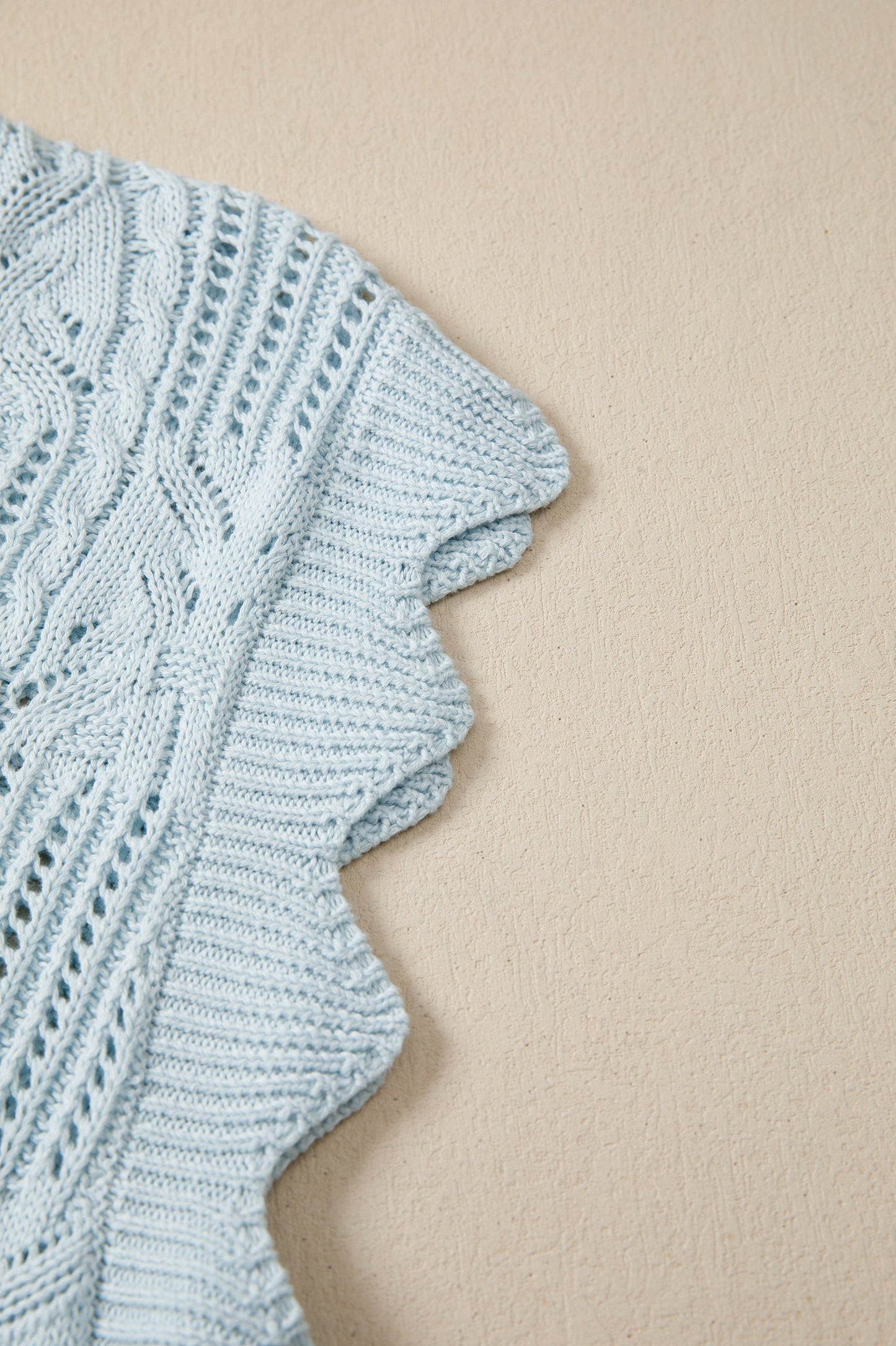 Pointelle Knit Scallop Trim Short Sleeve Sweater