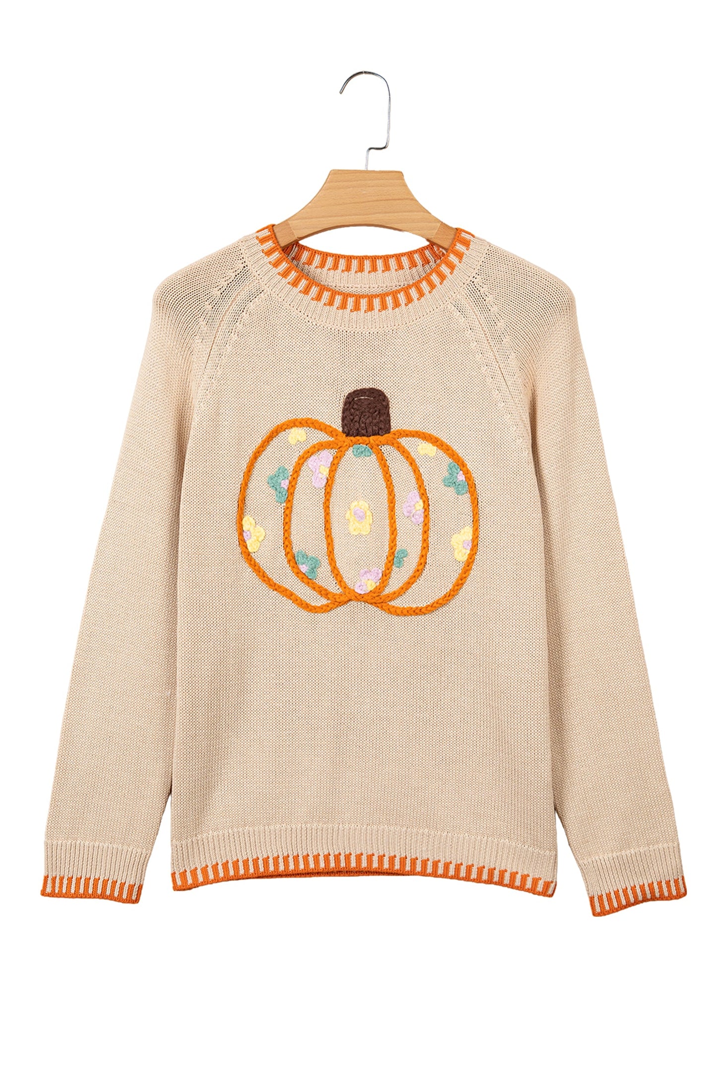 Pumpkin Floral Embroidered Round Neck Sweater