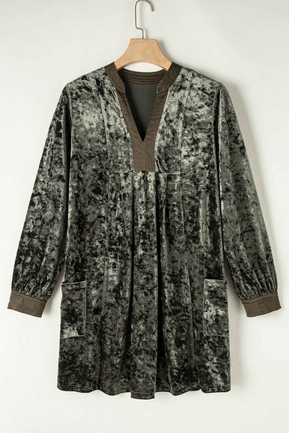 Velvet Long Sleeve V-Neck Side Pocket Dress