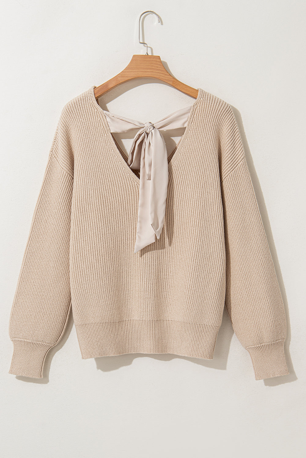Bow Back  Lantern Sleeve V-Neck Sweater