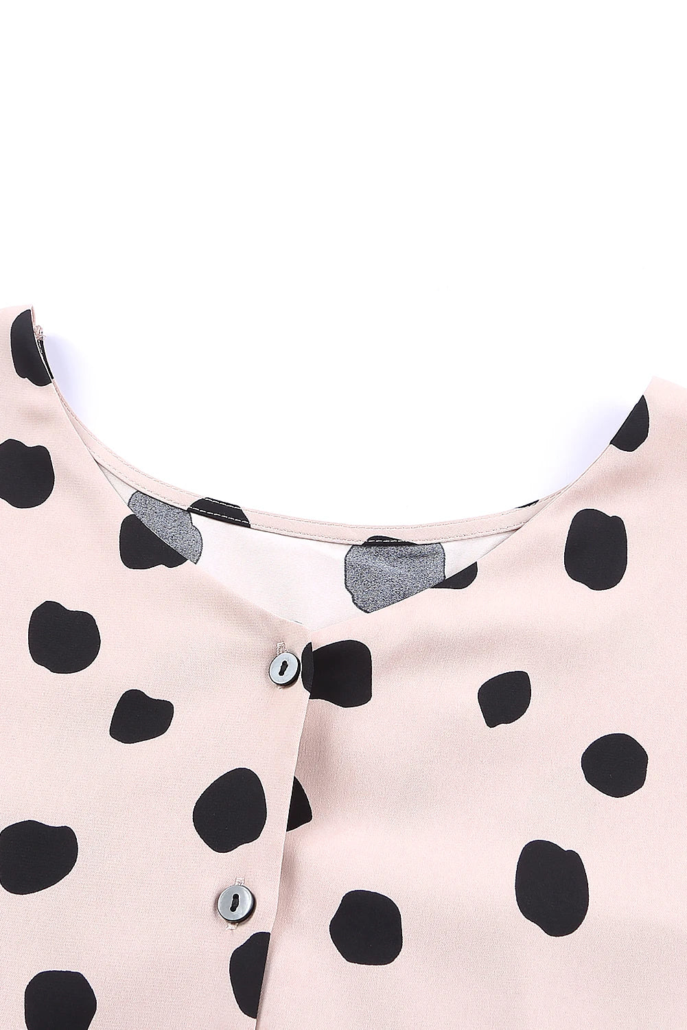 Dotted Buttoned V-Neck Frilled Puff Sleeve Blouse
