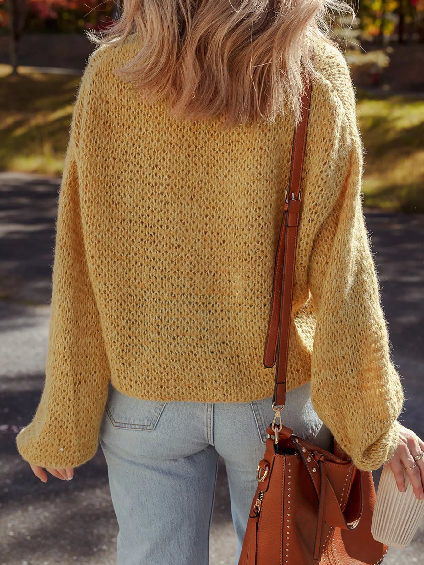 Women Women Lantern Sleeve Scallop V Neck Buttoned Front Cardigan Sweater