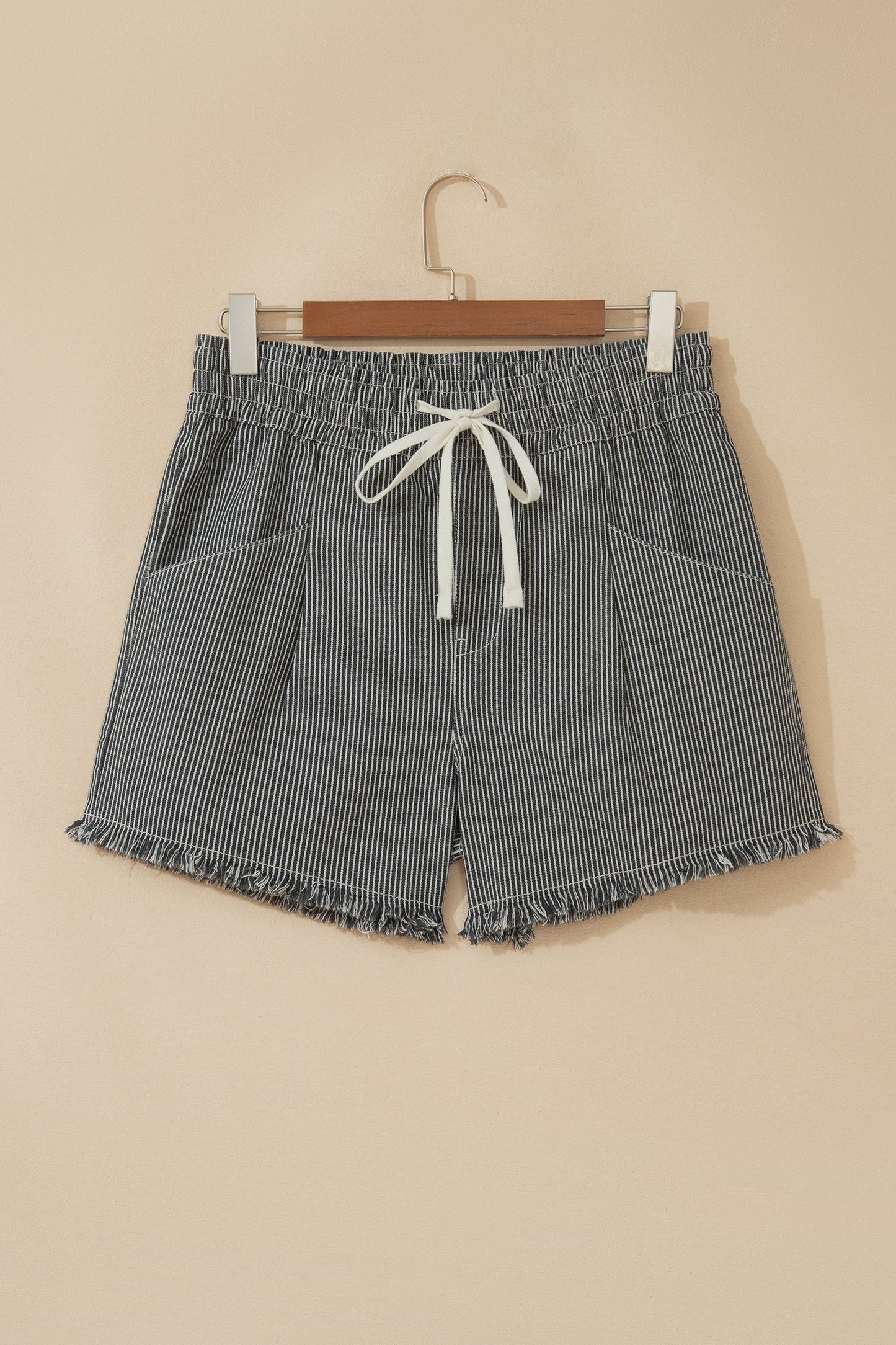 Stripe Denim Raw Edge Drawstring Waist Shorts