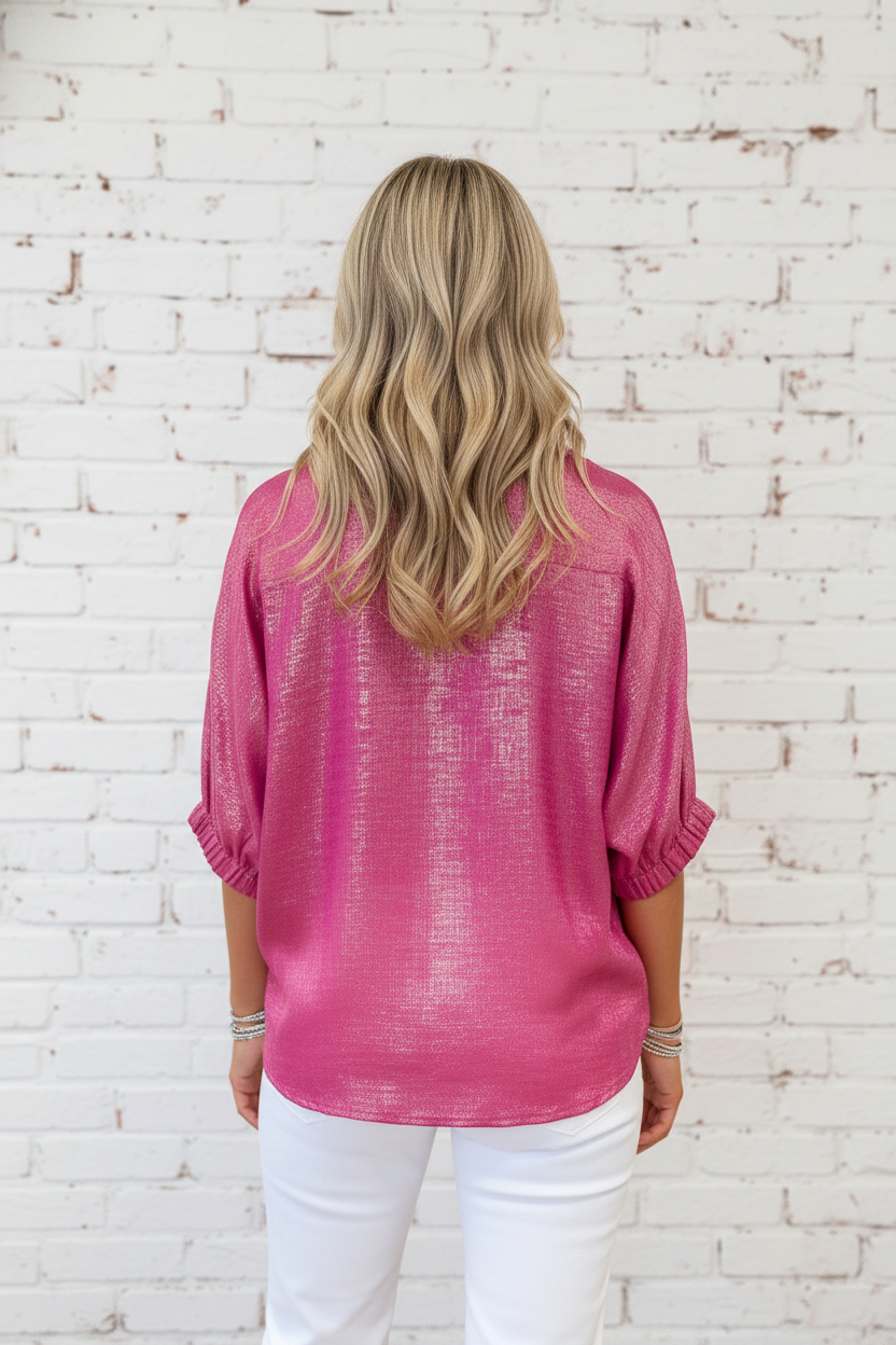 Metallic Collared V-Neck 3/4 Sleeve Top
