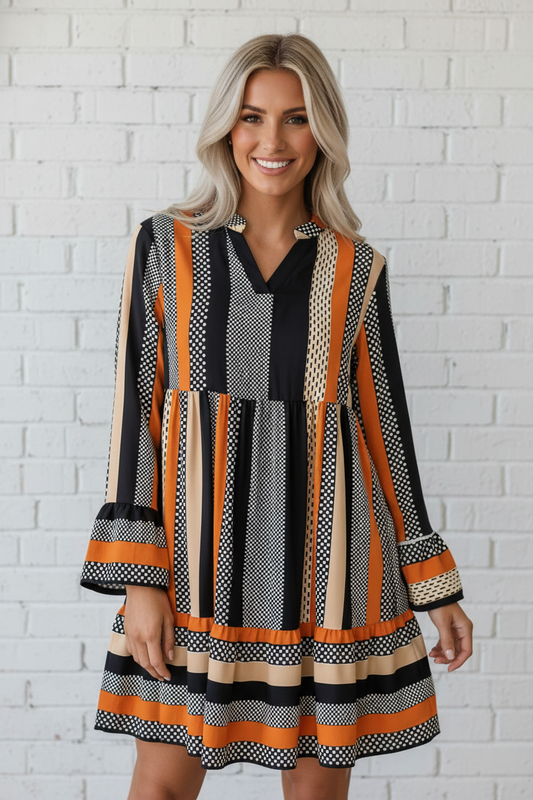 Stripe Polka Dot Ruffle Hem Mini Dress