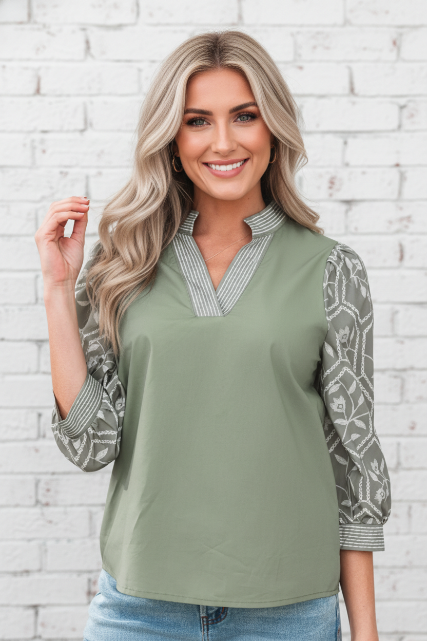 Floral Patchwork Contrast V-Neck Puff Sleeve Blouse