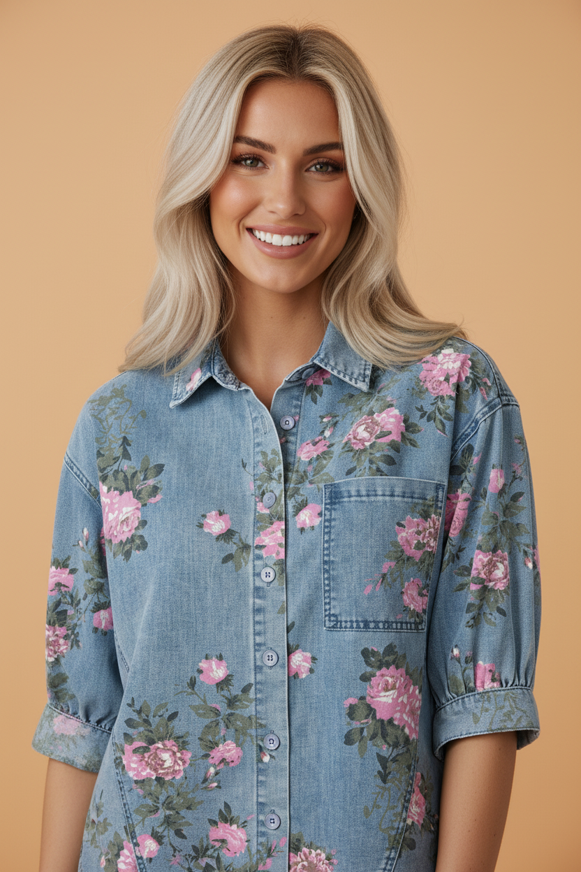 Floral Denim 3/4 Sleeve Buttoned Shirt