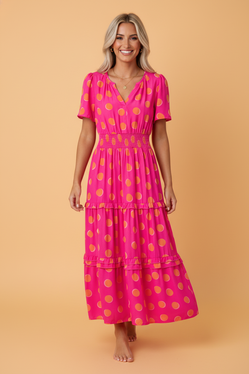 Polka Dot Short Sleeve Shirred Waist Midi Dress