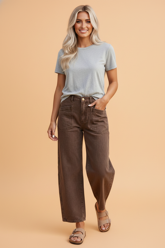 Solid Denim Patch Pocket Barrel Leg Jeans