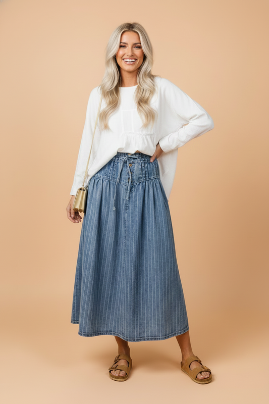 Stripe Denim Button Pleated High Waist Midi Skirt
