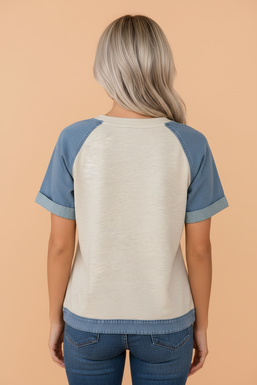 Colorblock Denim Patchwork Raglan Sleeve Tee
