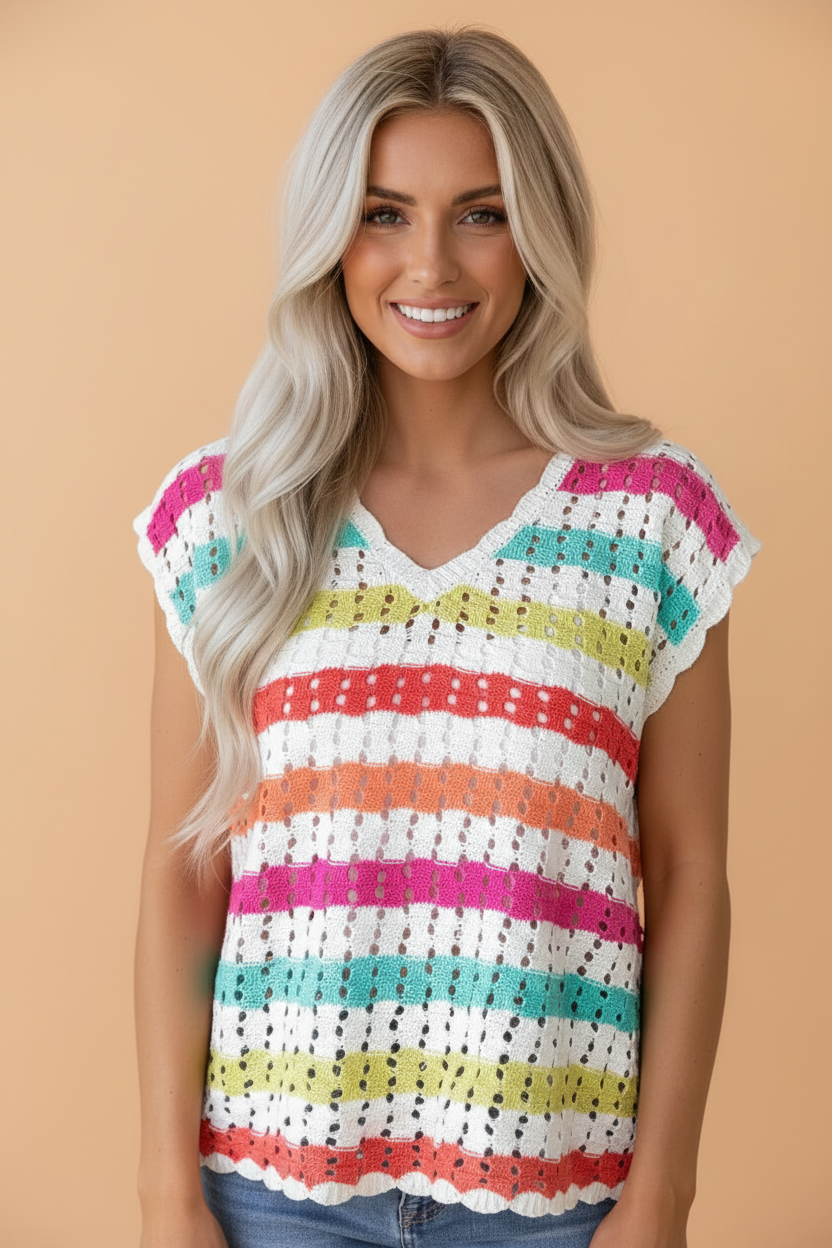 Stripe Eyelet Knit V-Neck Short Sleeve Sweater Tee