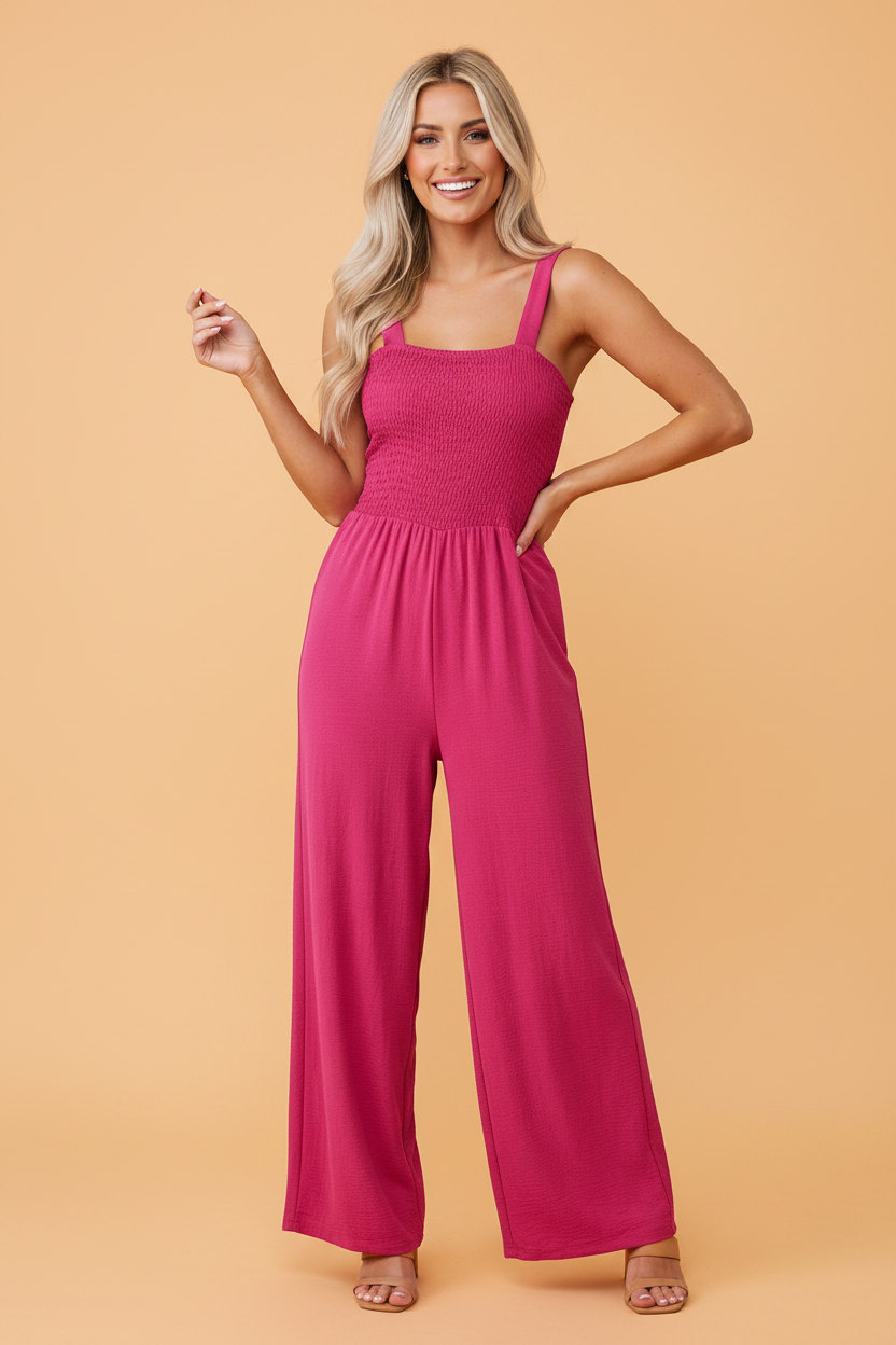 Solid Smocked Square Neck Sleeveless Jumpsuit