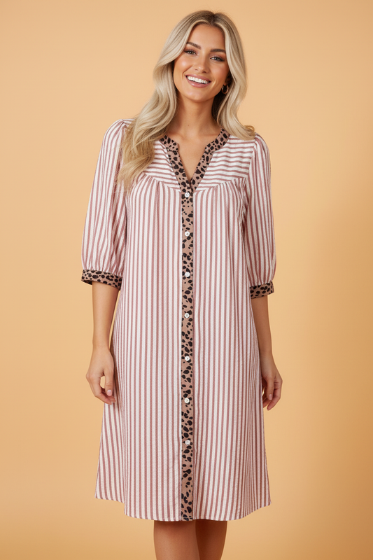 Stripe Leopard Trim 3/4 Sleeve Shirt Dress