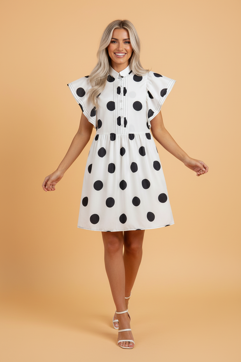 Polka Dot Half Button Ruffle Sleeve Mini Dress