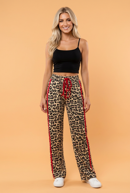 Leopard Tie Waist Contrast Detail Casual Pants