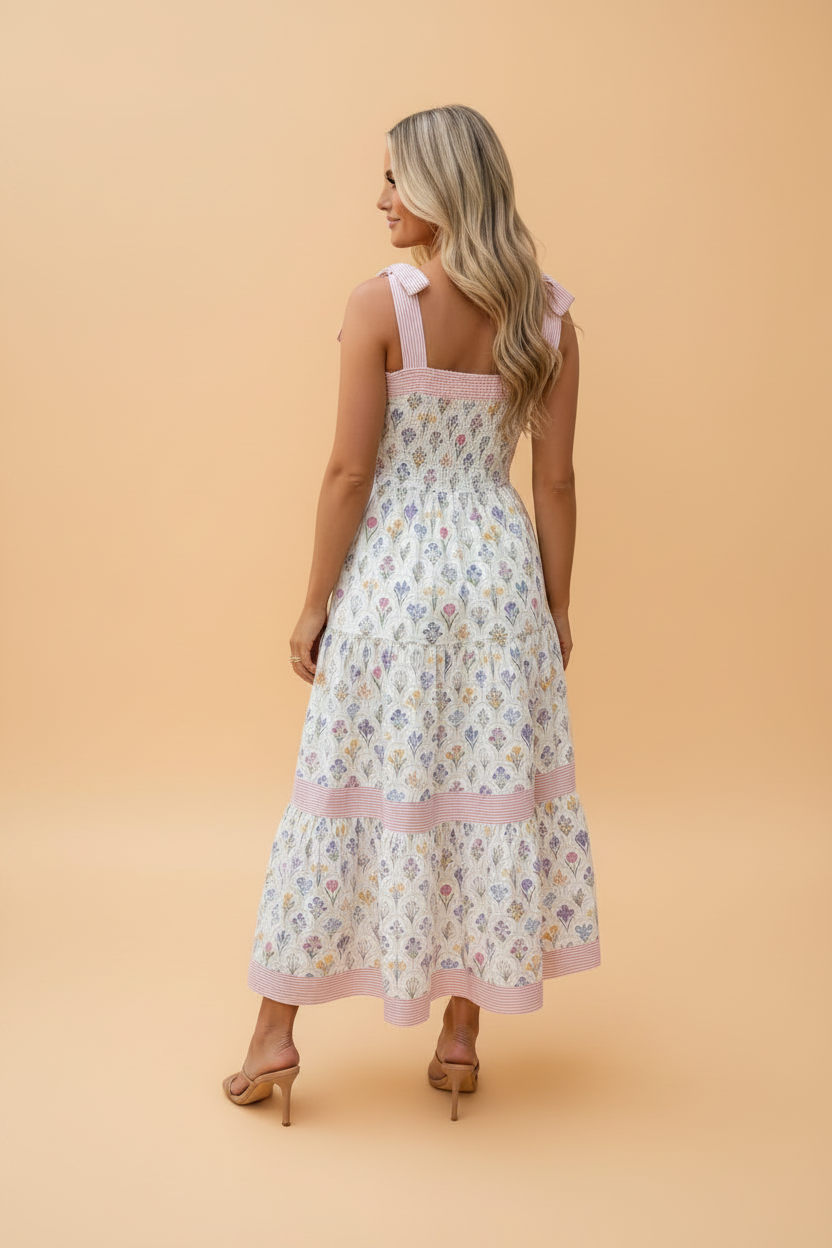 Floral Stripe Detail Knot Strap Maxi Dress