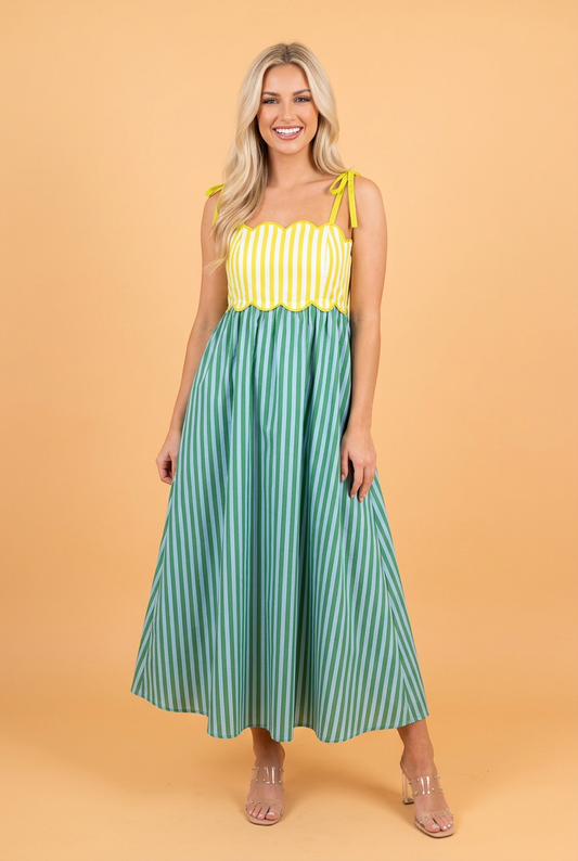 Stripe Scalloped Contrast Patchwork Knot Strap Midi Dress