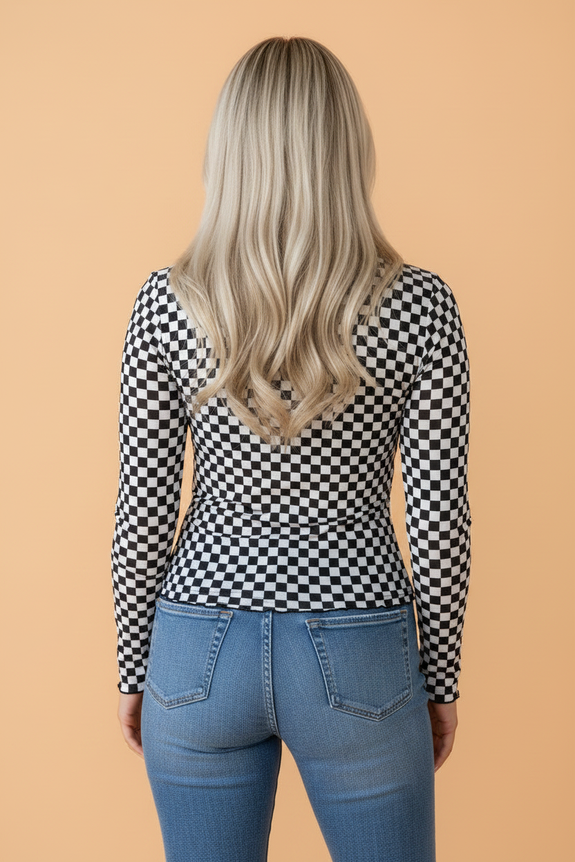 Checker Stand Neck Long Sleeve Mesh Top