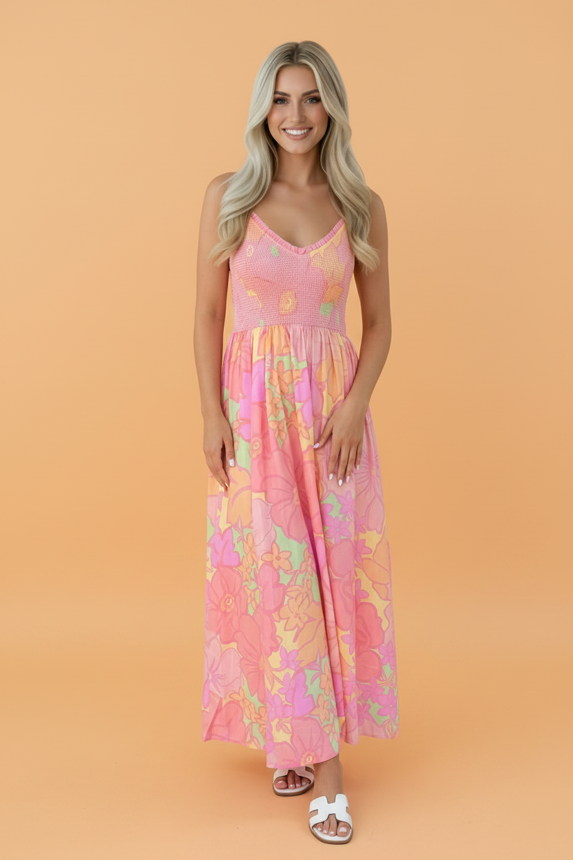 Floral Spaghetti Strap Shirred High Waist Dress