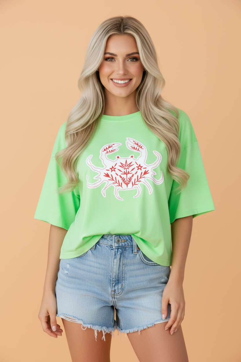 Crab Embroidered Patch Loose Round Neck Tee