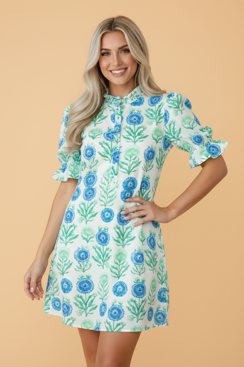 Floral Half Button Frilly Short Sleeve Dress