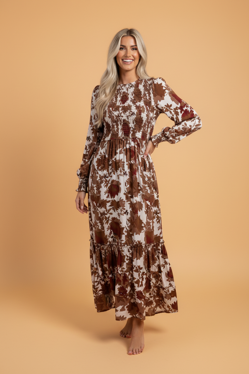 Floral Puff Sleeve Smocked Bodice Ruffle Long Dress