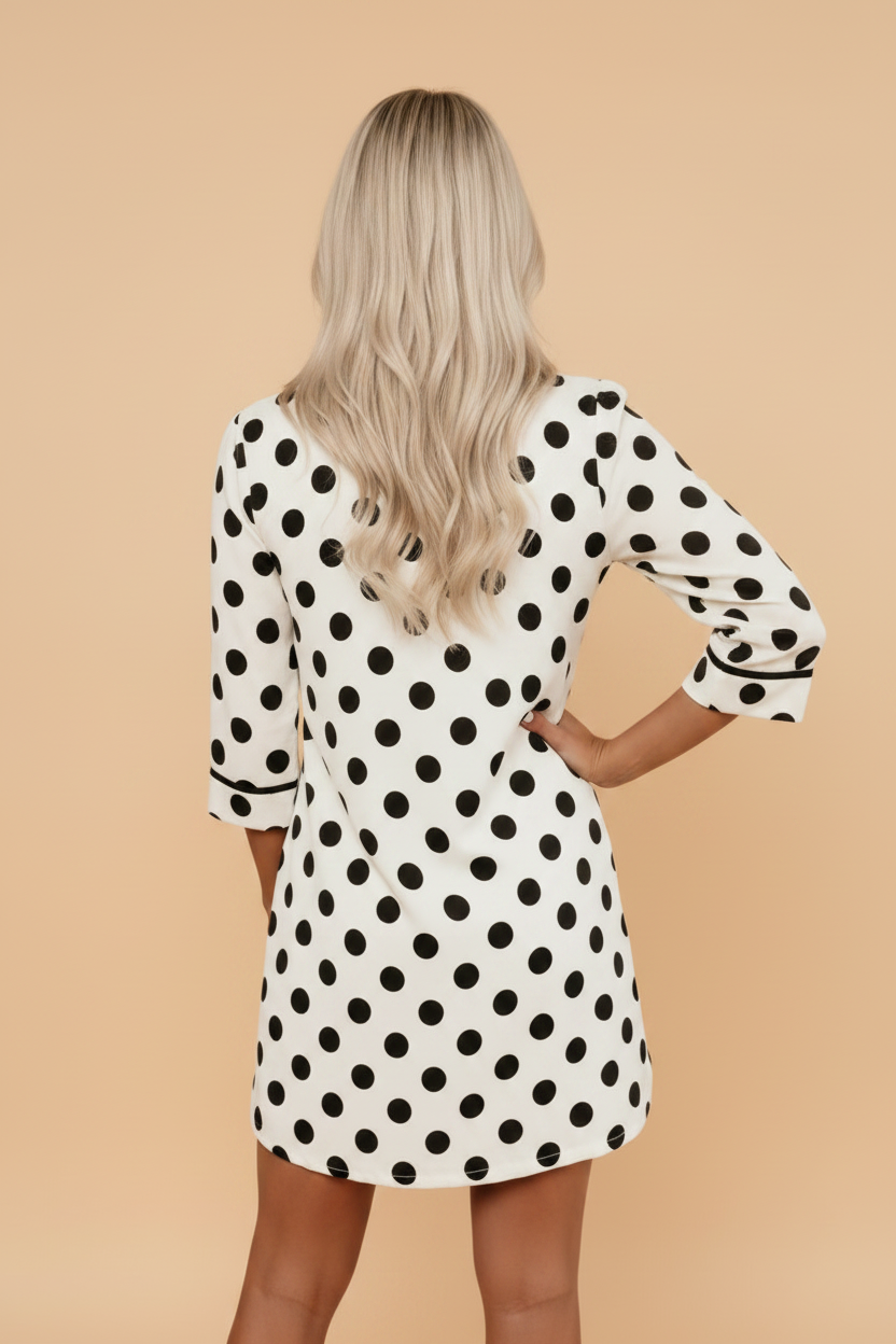 Polka Dot Collar V-Neck 3/4 Sleeve Pockets Mini Dress