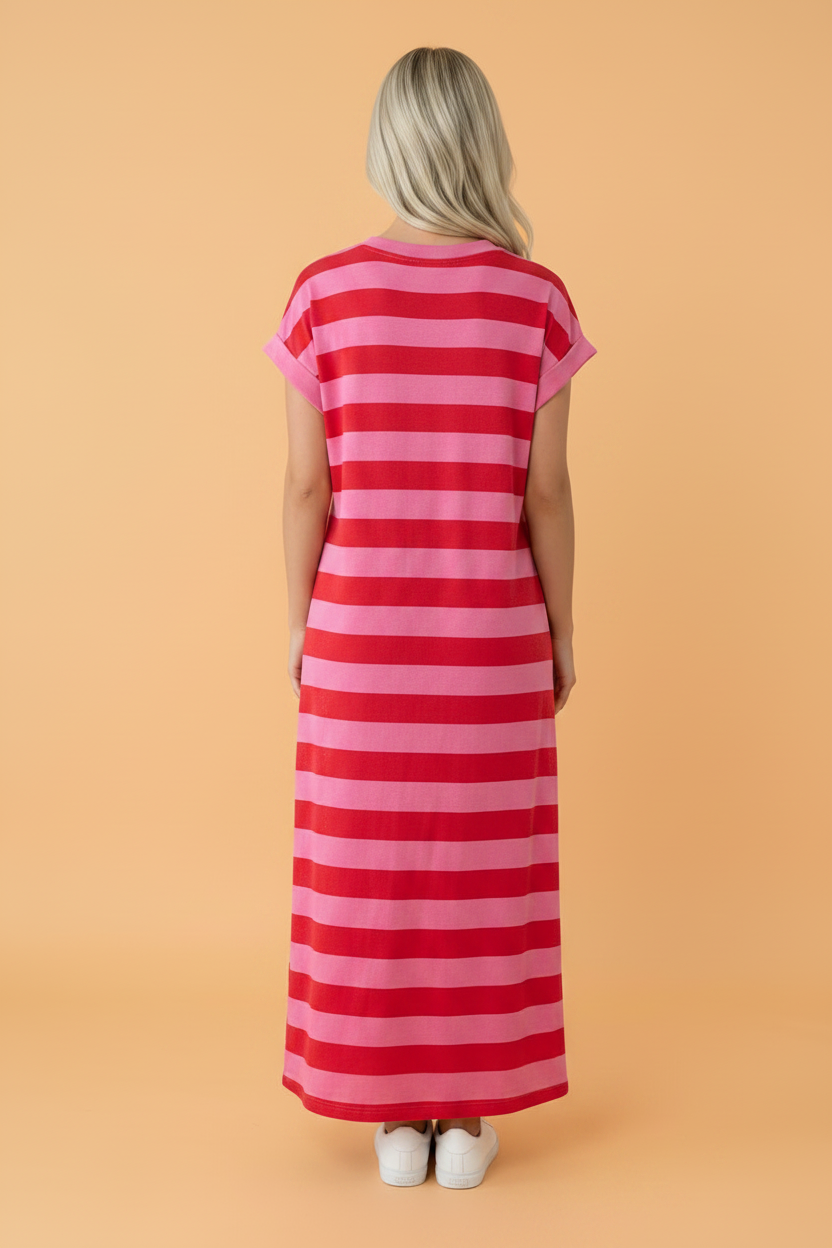 Stripe Cuffed Short Sleeve T-Shirt Long Dress w/ Pockets