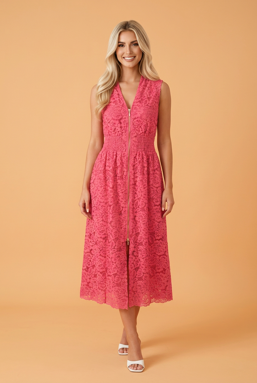 Floral Lace Zip Up V-Neck Smocked Waist Sleeveless Dress