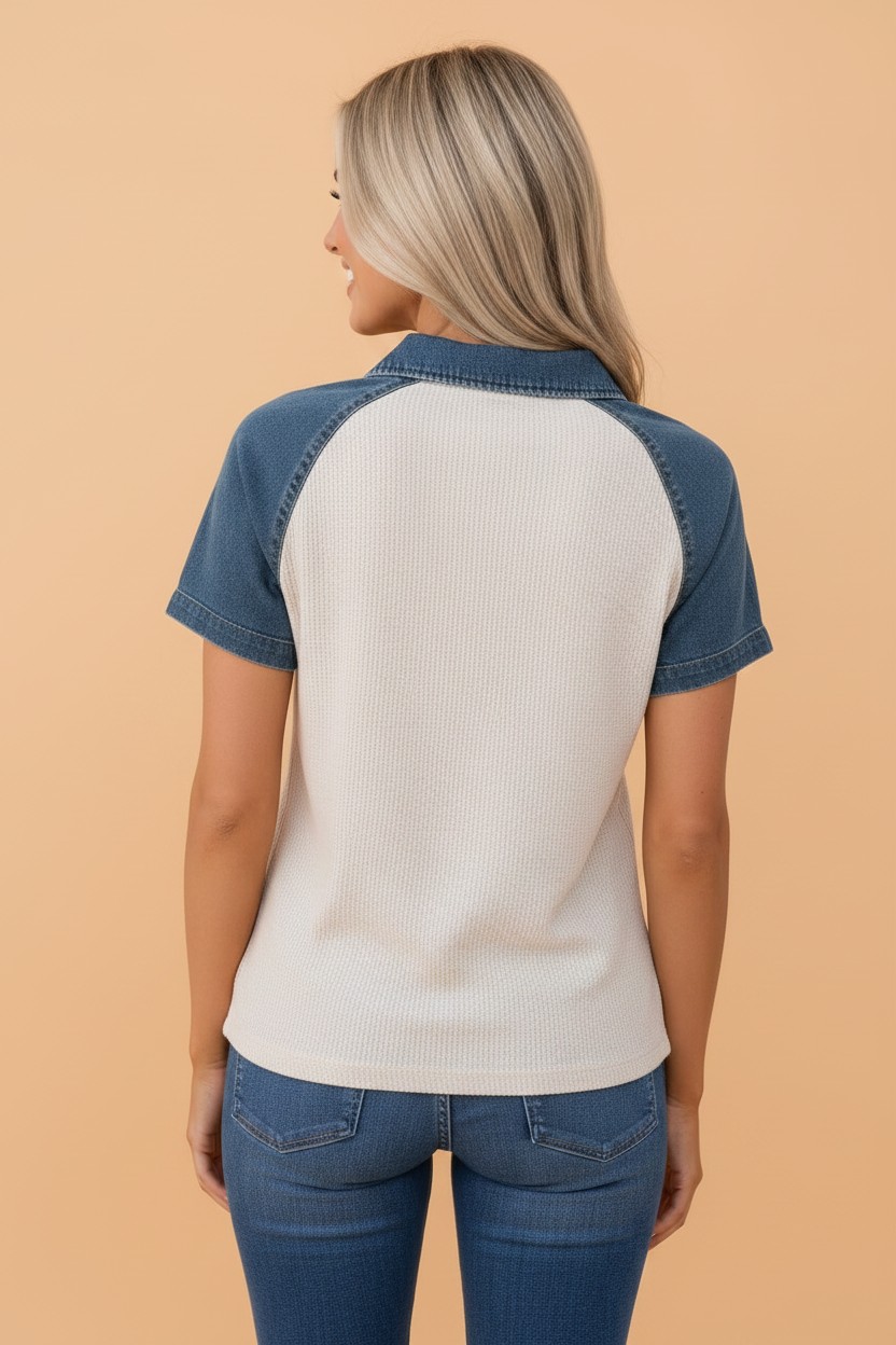 Denim Patchwork Textured Colorblock Polo Collar Tee
