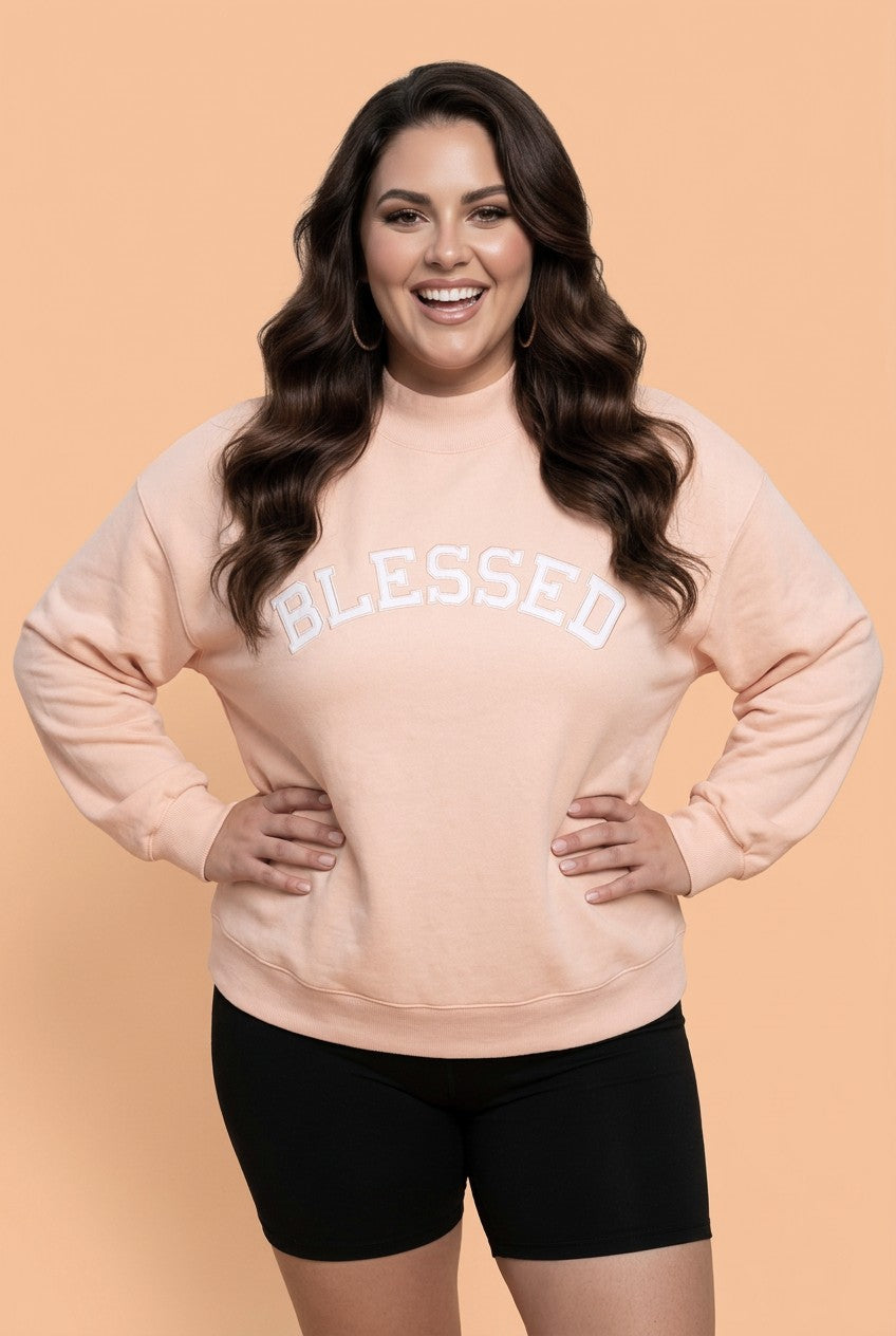 Plus Size BLESSED Embroidered Patch Mock Neck Sweatshirt