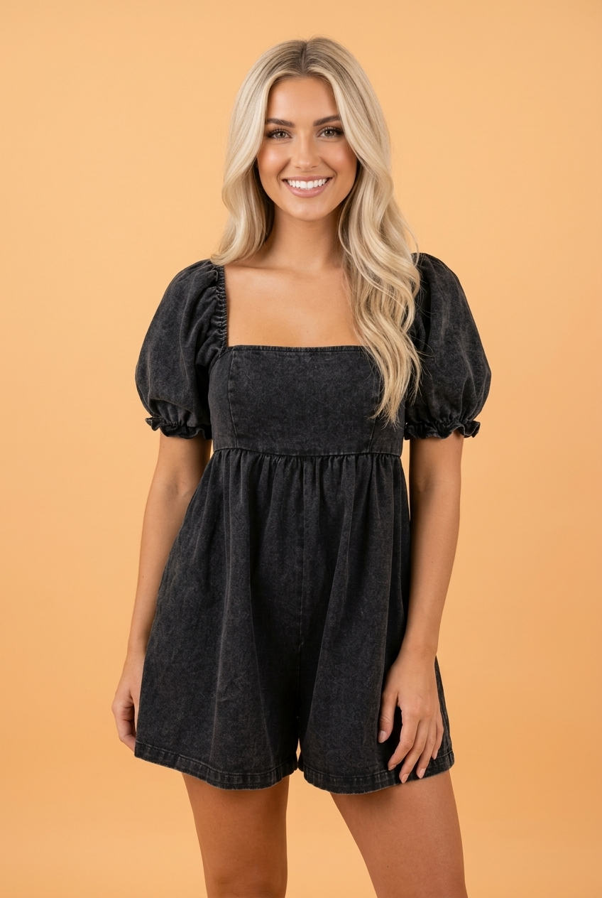 Denim Square Neck Smocked Puff Sleeve Flared Romper