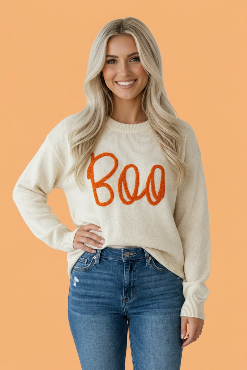 Halloween Boo Drop Shoulder Ribbed Trim Sweater
