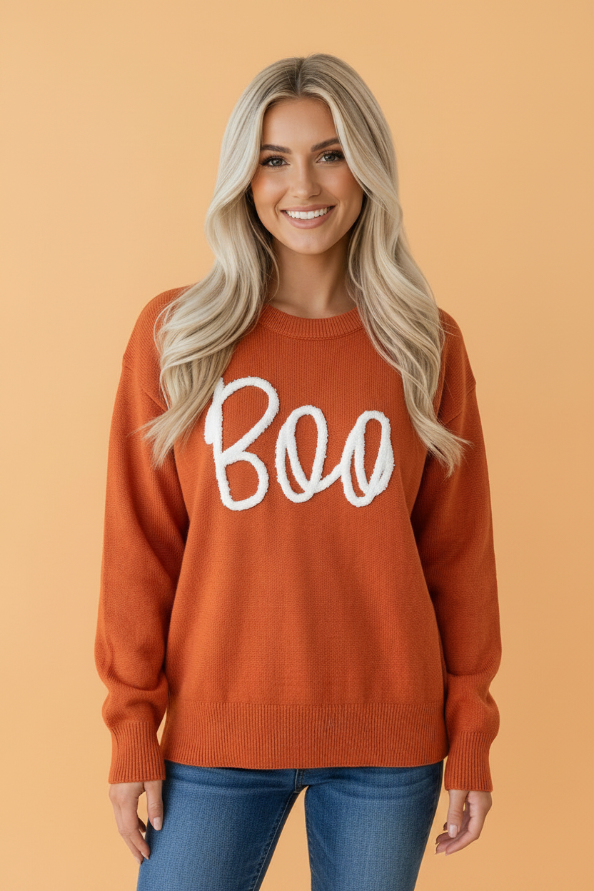 Halloween Boo Drop Shoulder Ribbed Trim Sweater